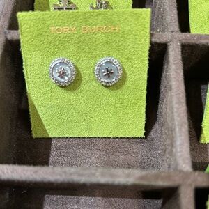 Tory Burch silver-Tone mother of Pearl pave Logo Stud Earrings silver color new